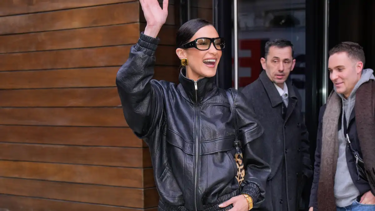 bella hadid in leather bomber
