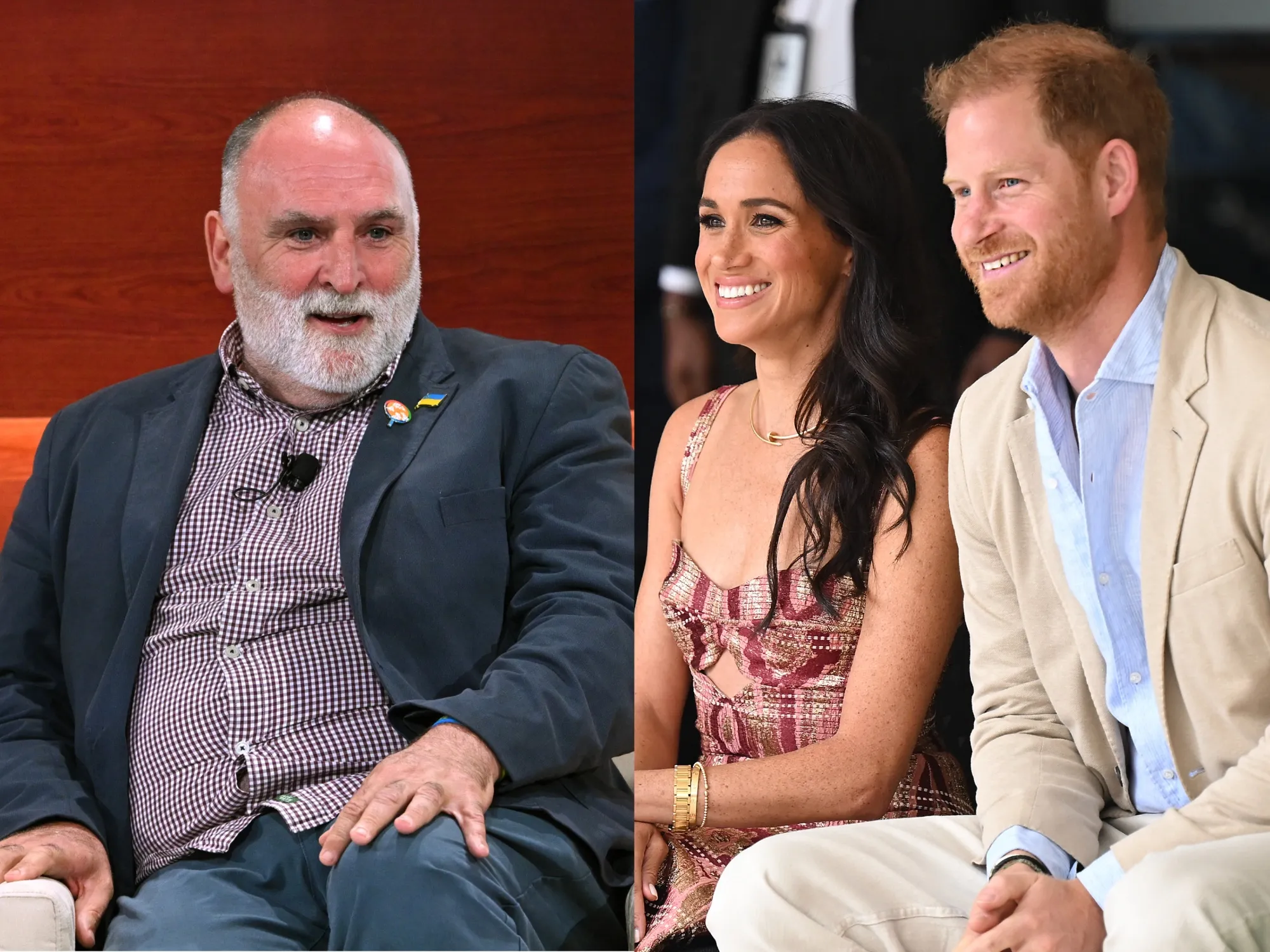 A split screen showing José Andrés and The Duke and Duchess of Sussex.