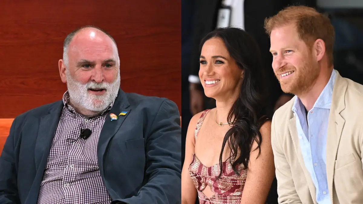 A split screen showing José Andrés and The Duke and Duchess of Sussex.