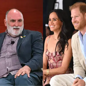 A split screen showing José Andrés and The Duke and Duchess of Sussex.