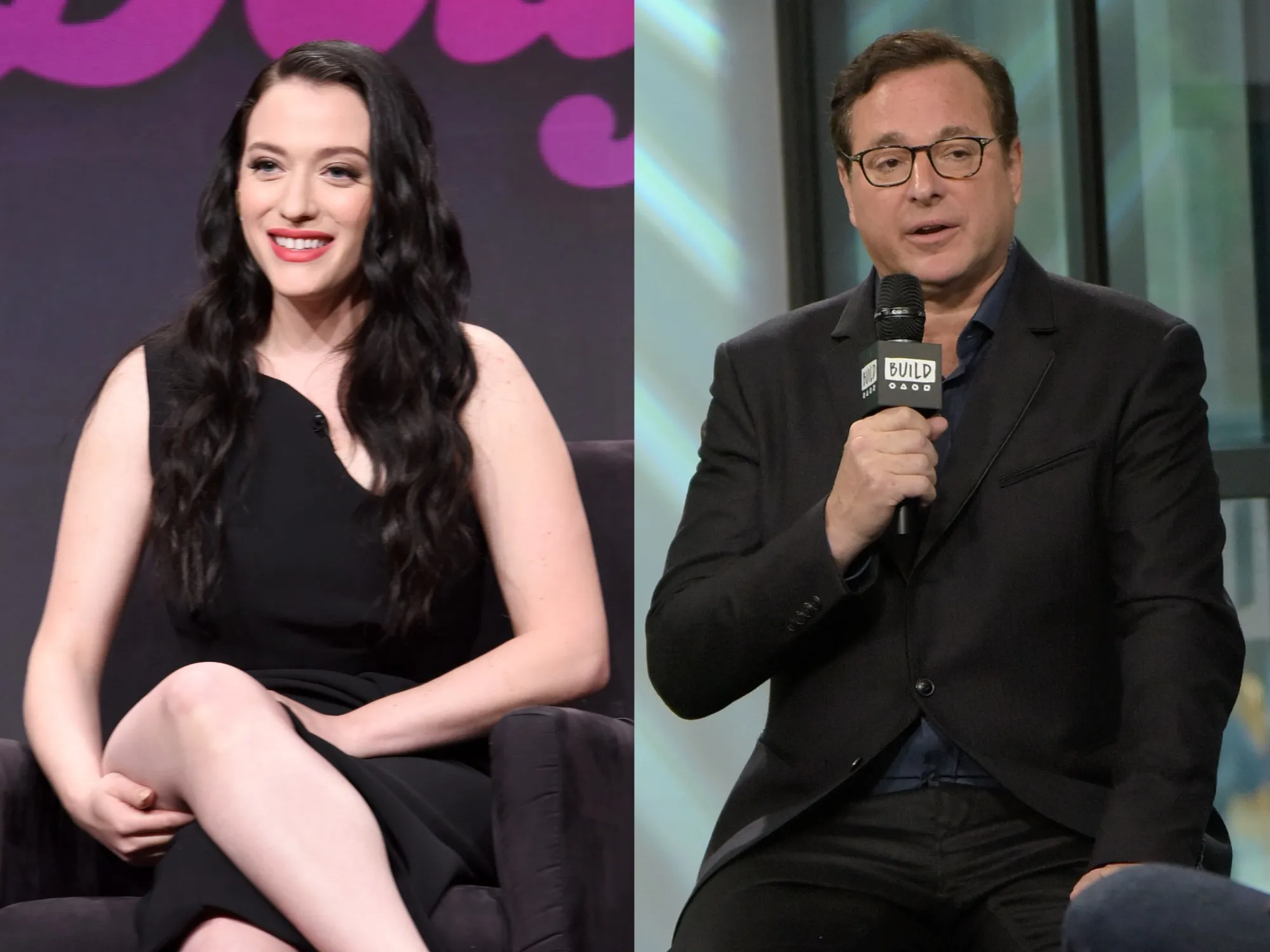 A split screen of Kat Dennings and Bob Saget.
