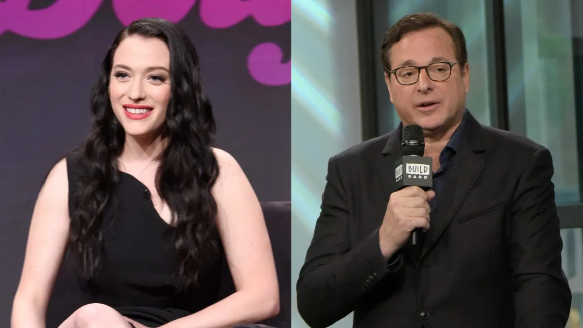 A split screen of Kat Dennings and Bob Saget.