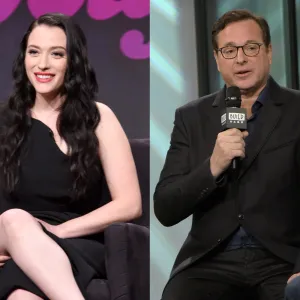 A split screen of Kat Dennings and Bob Saget.