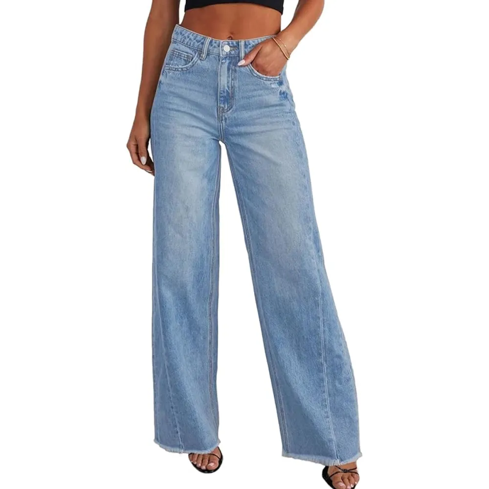 Sidefeel Wide Leg High Waisted Raw Hem Jeans