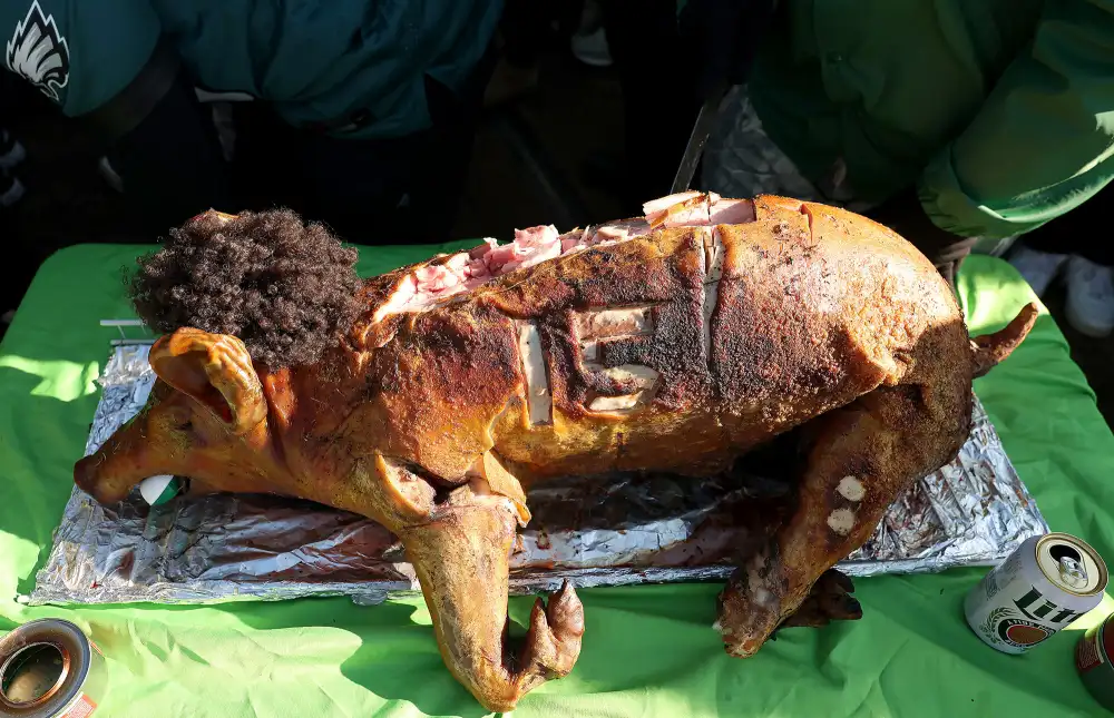 Eagles Fans Roast a Pig Dressed as Patrick Mahomes at Super Bowl Parade 2