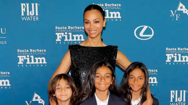 Feature Zoe Saldana Makes Rare Red Carpet Appearance With 3 Lookalike Sons