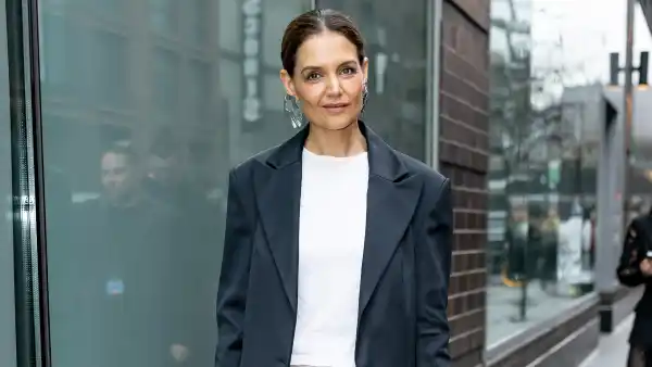 katie holmes in slip skirt and blazer