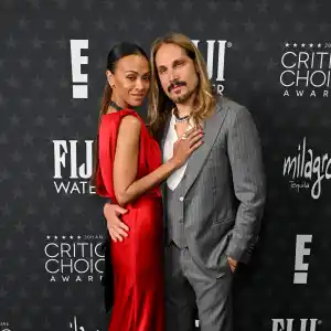 SANTA MONICA, CALIFORNIA - FEBRUARY 07: (L-R) Zoe Saldana and Marco Perego attend the 30th Annual Critics Choice Awards at Barker Hangar on February 07, 2025 in Santa Monica, California. (Photo by Michael Kovac/Getty Images for Critics Choice Association)