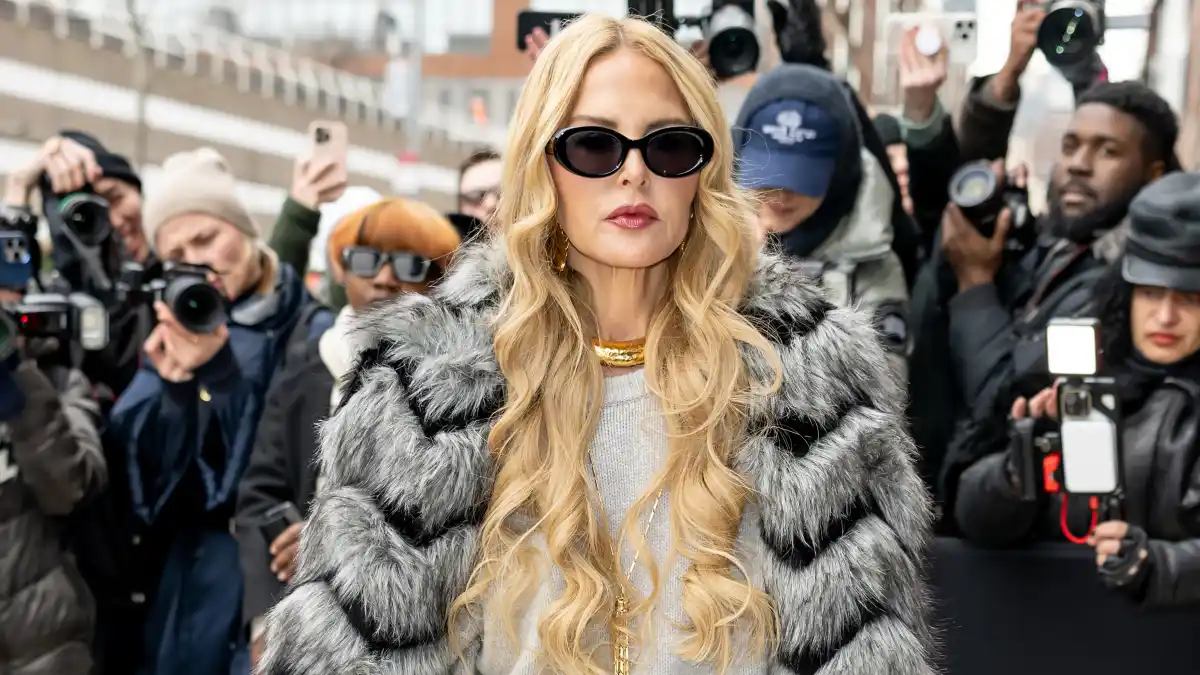 rachel zoe in fur coat and gray outfit