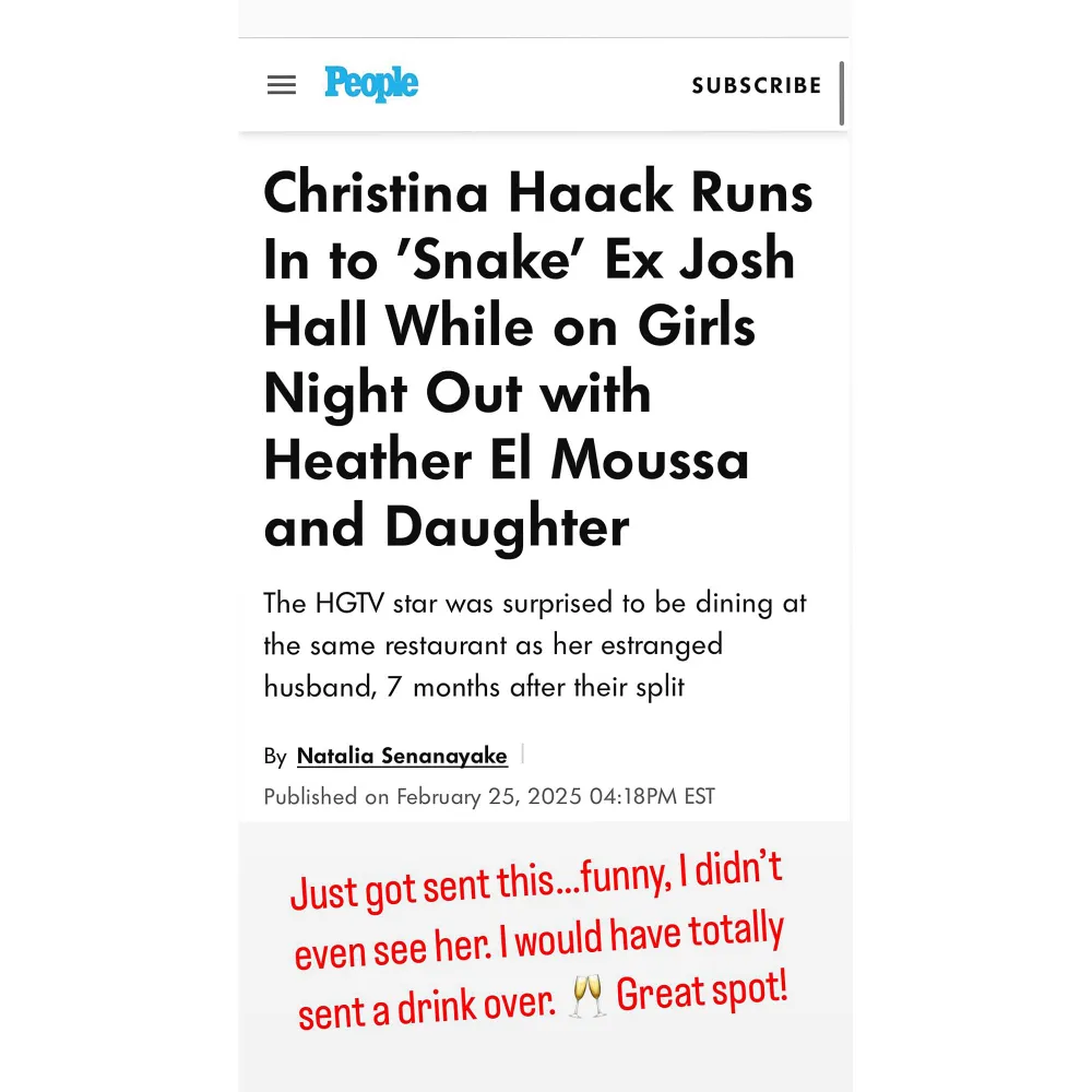 Josh Hall Didn't Notice Ex Christina Hall After Both Dine at Same Place: 'Would Have Sent Her a Drink