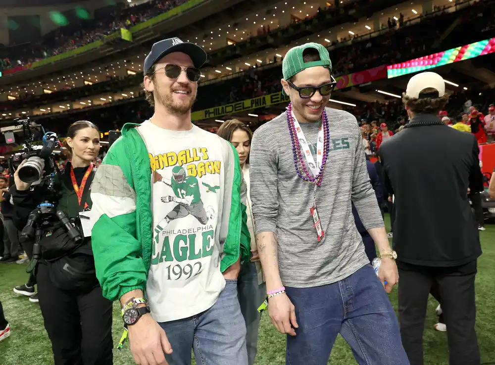 Pete Davidson Shows Off Ink-Free New Look Alongside Miles Teller at Super Bowl 2025