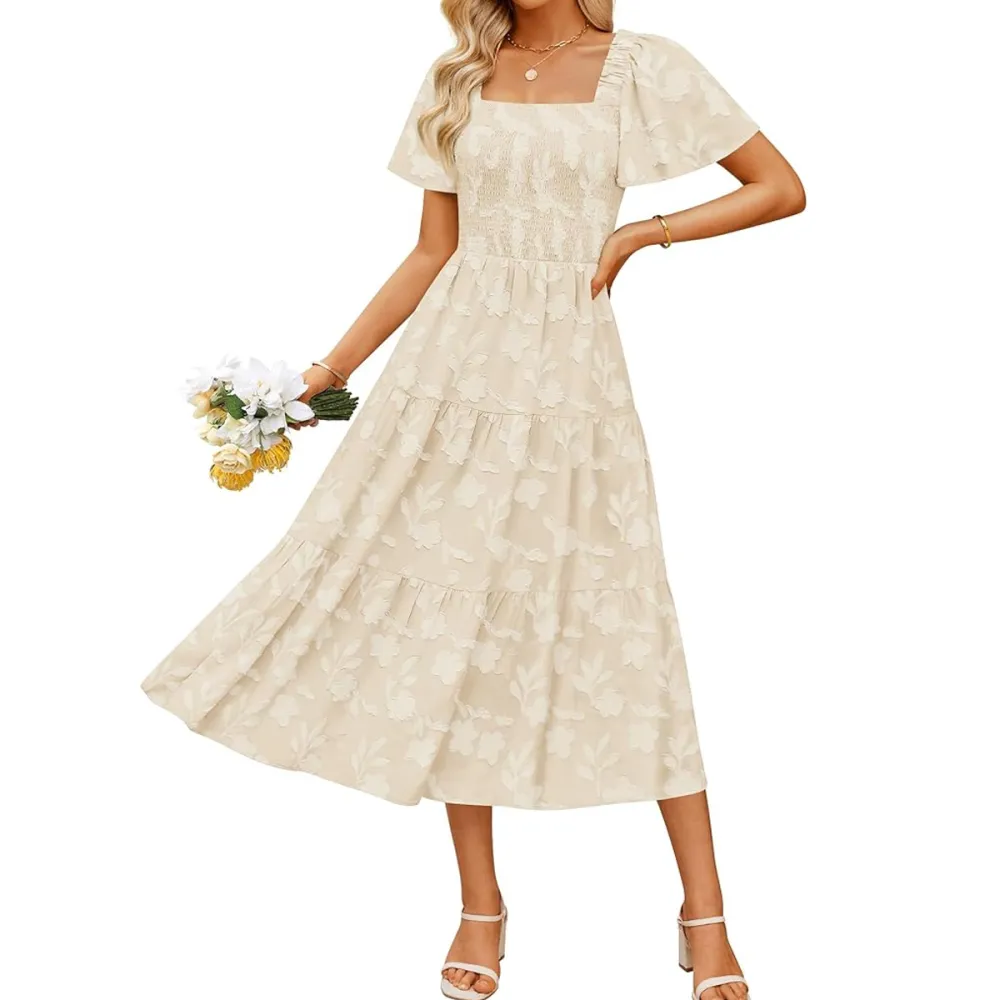 ZESICA Floral Short Sleeve Square Neck Flowy Midi Dresses