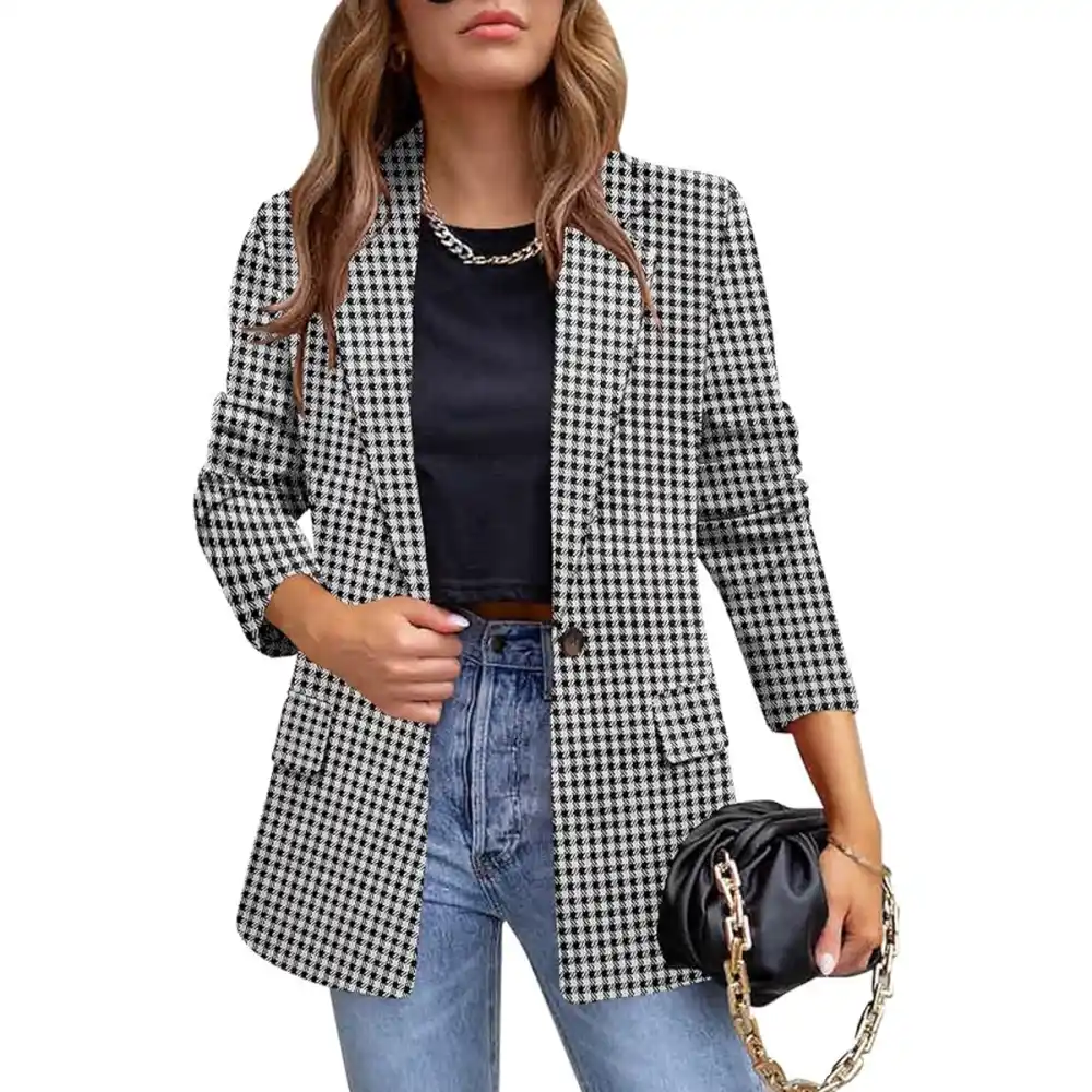 Crazy Grid Open Front Long Sleeve Blazer Amazon