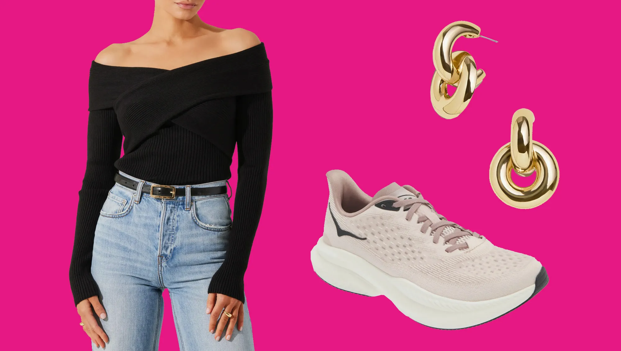 woman wearing jeans and top, hoka tennis shoes and gold earrings from nordstrom