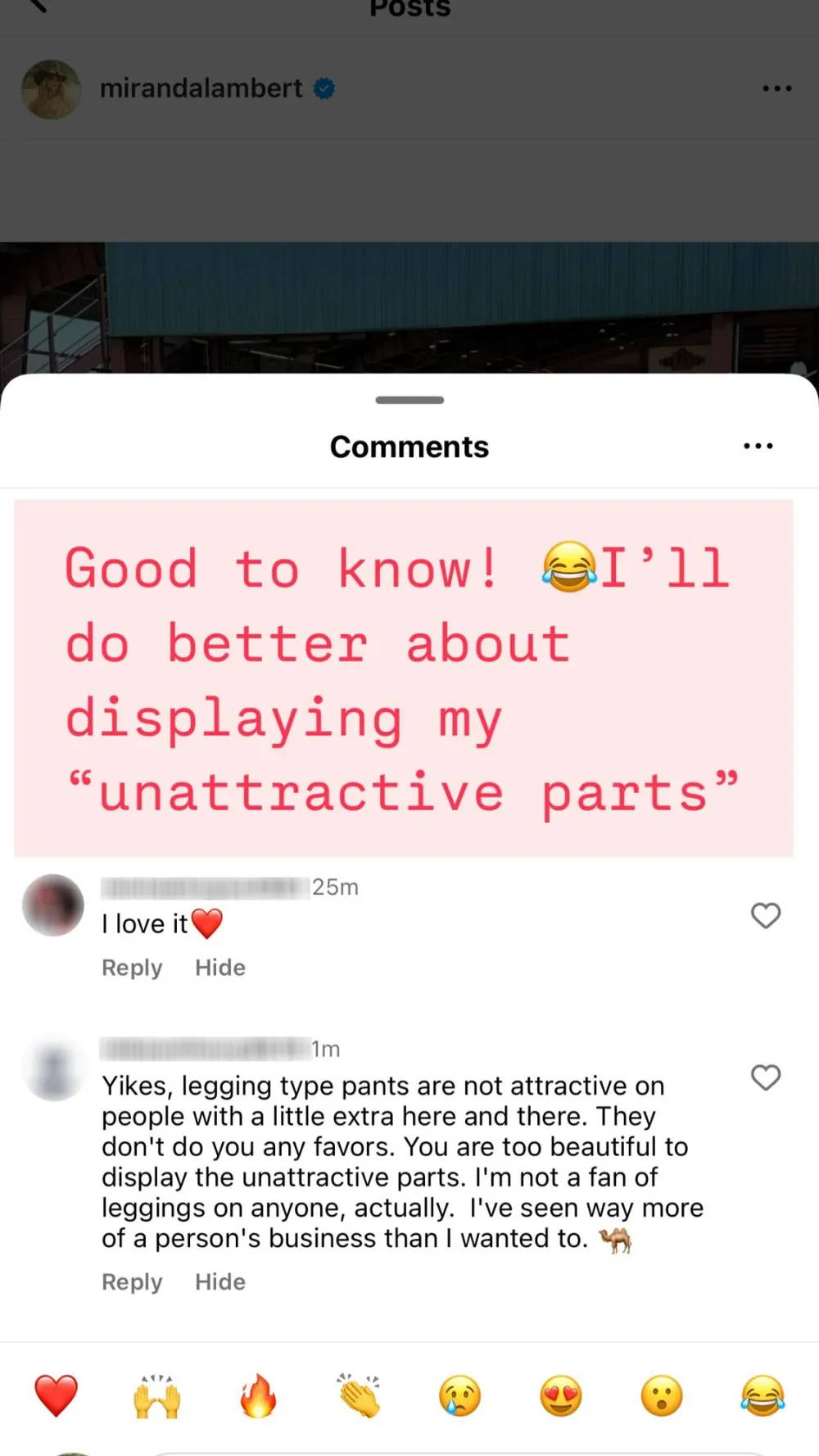 Miranda Lambert Claps Back After Being Told Her Leggings Display Unattractive Parts