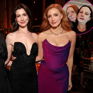 Anne Hathaway and Jessica Chastain Relax in Matching Face Masks During Joint Flight