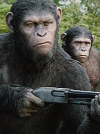 Apes arm themselves with guns in Dawn of the Planet of the Apes.