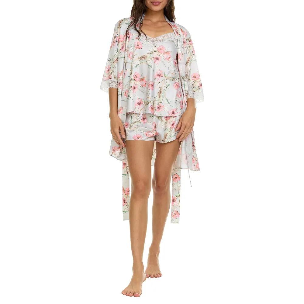 Flora Nikrooz Sabrina Floral Print Satin Short Pajamas & Robe Set