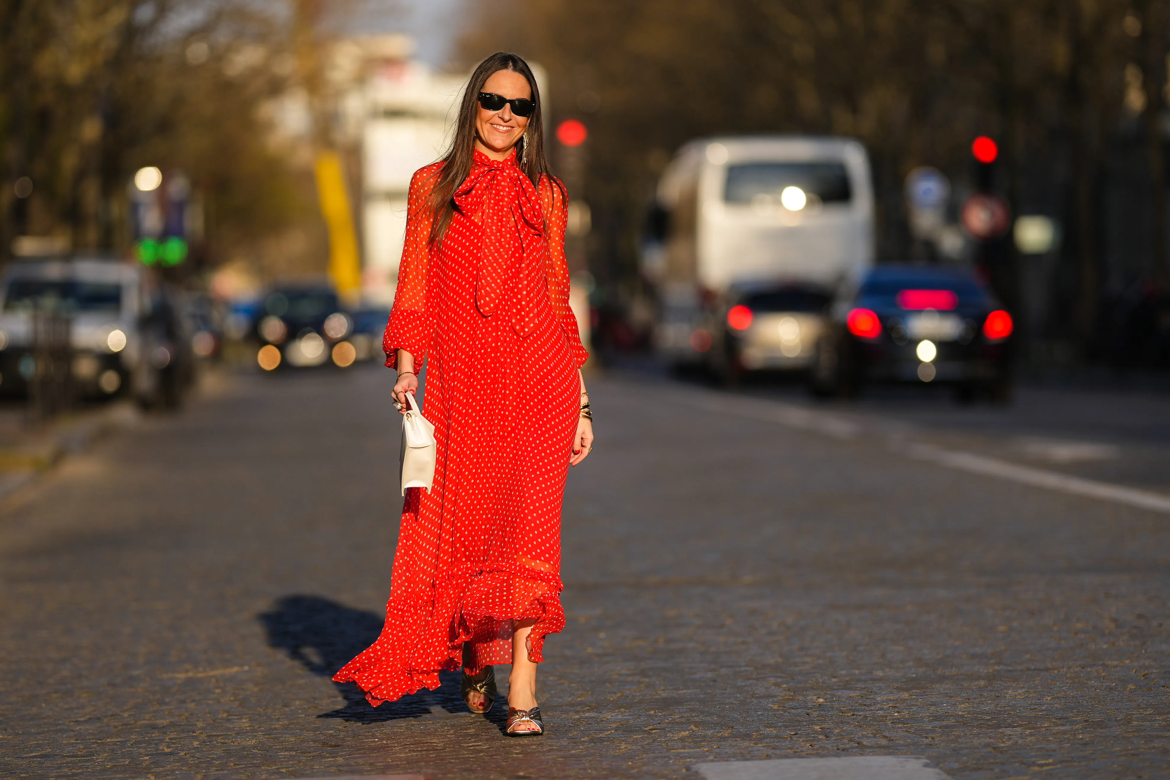 woman in red flowy dress