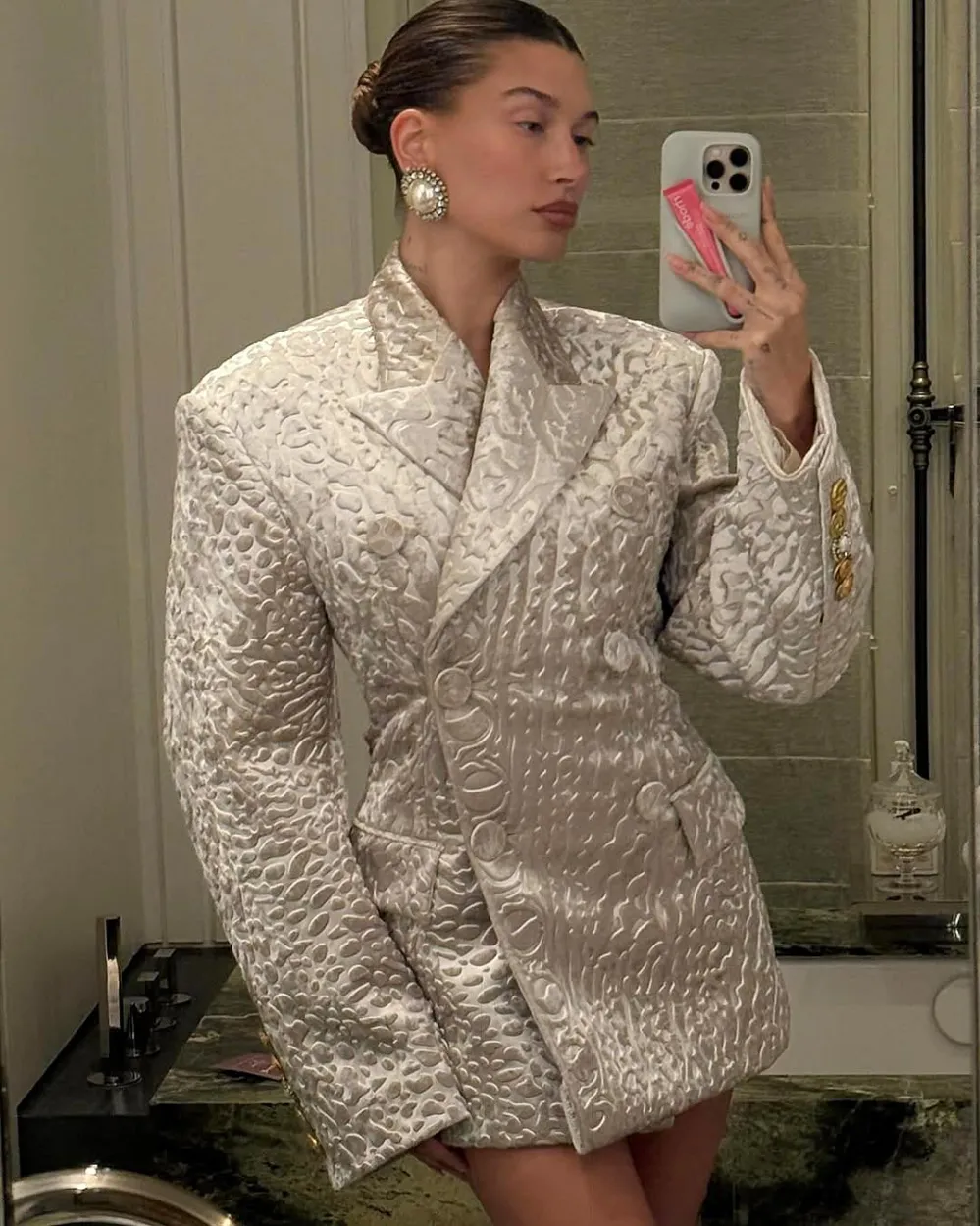 Hailey Bieber Goes Pantsless in Fur Coat