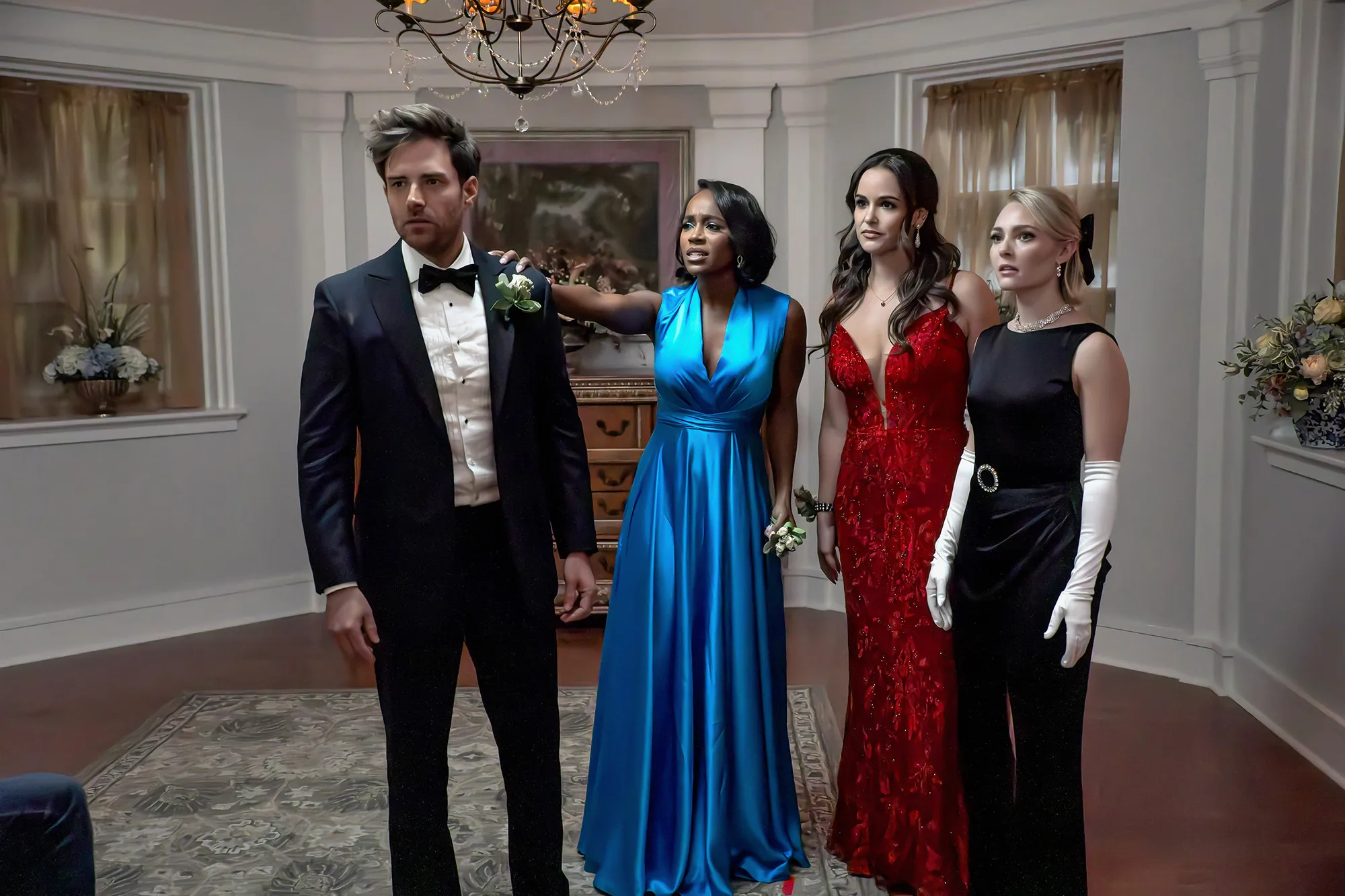 Ben Rappaport as Brett, Aja Naomi King as Catherine, Melissa Fumero as Birdie and AnnaSophia Robb as Alice in 'Grosse Pointe Garden Society.'