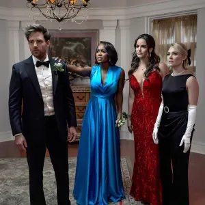 Ben Rappaport as Brett, Aja Naomi King as Catherine, Melissa Fumero as Birdie and AnnaSophia Robb as Alice in 'Grosse Pointe Garden Society.'