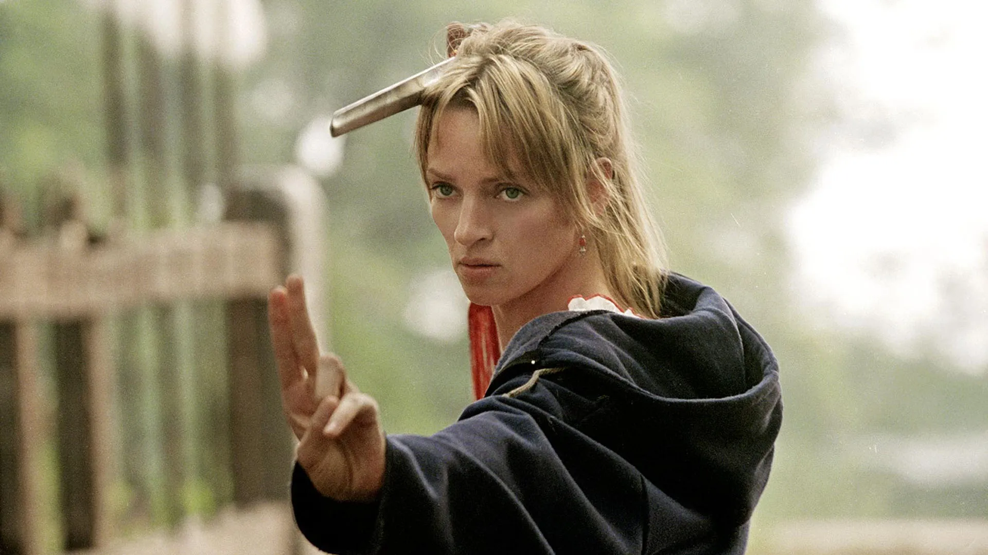 Uma Thurman strikes an aggressive pose in Kill Bill Vol. 2.