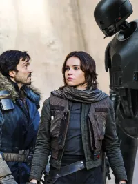 Cassian Andor, Jyn Erso, and K-2SO in Rogue One: A Star Wars Story.