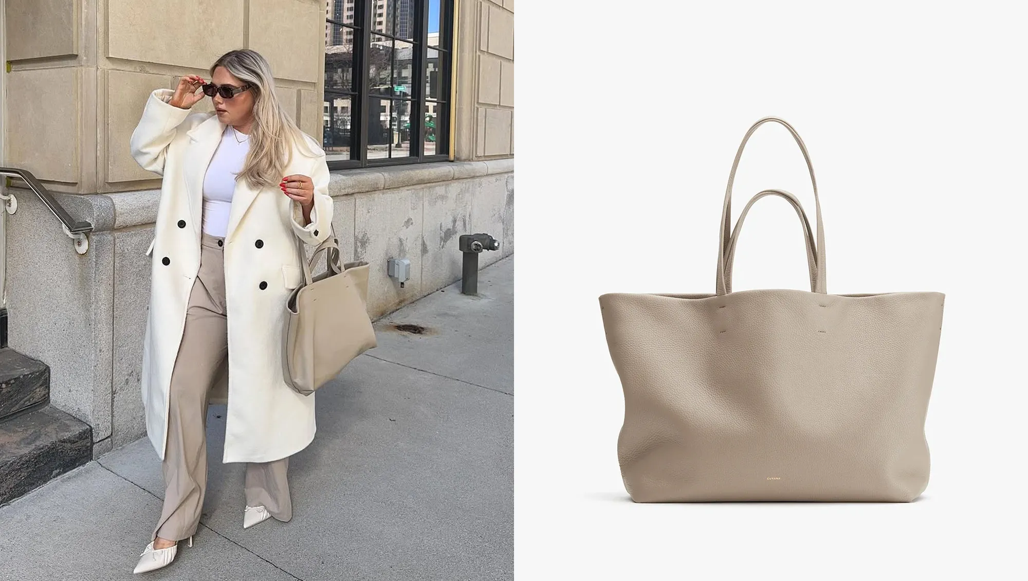 picture of girl holding beige cuyana tote bag