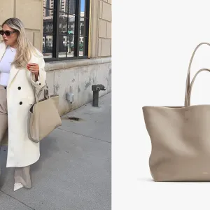 picture of girl holding beige cuyana tote bag