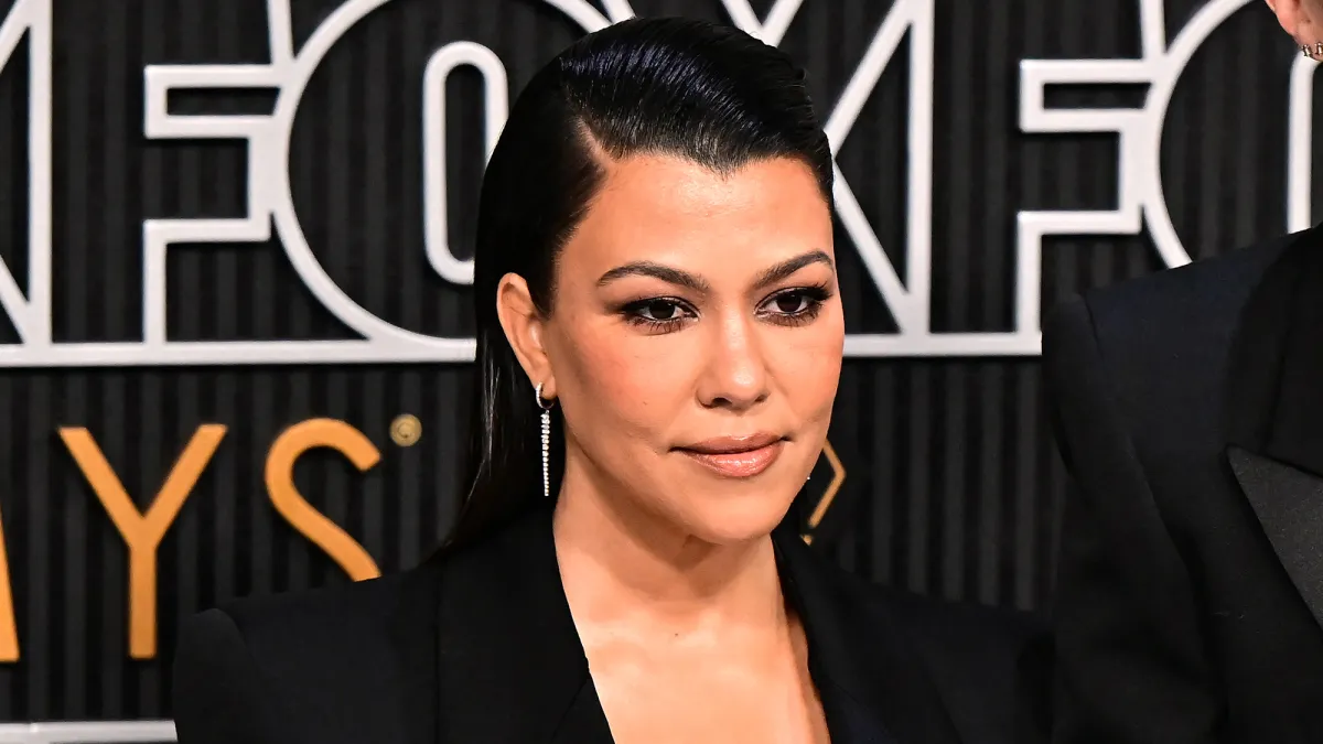 US socialite Kourtney Kardashian and husband US musician Travis Barker arrive for the 75th Emmy Awards at the Peacock Theatre at L.A. Live in Los Angeles on January 15, 2024. (Photo by Frederic J. Brown / AFP) (Photo by FREDERIC J. BROWN/AFP via Getty Images)