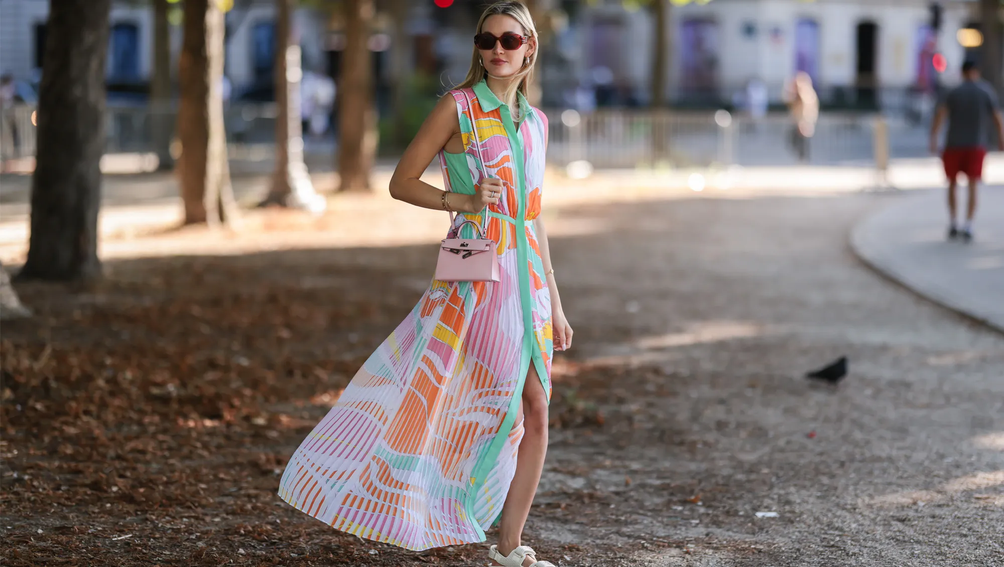 woman wearing colorful maxi dress