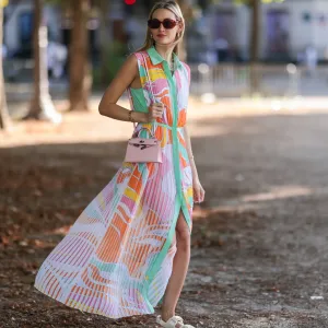 woman wearing colorful maxi dress