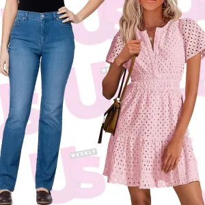 jeans, pink dress and beige trousers from Amazon