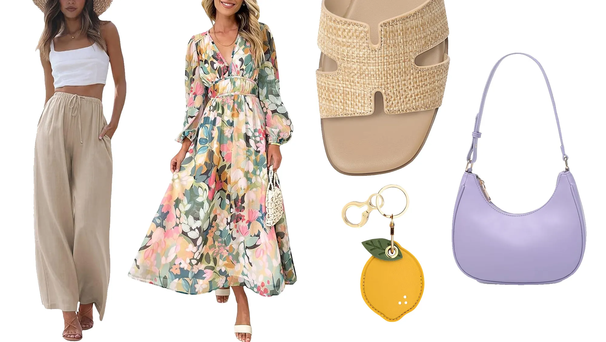 pants, dress, purse, sandals and keychain from amazon