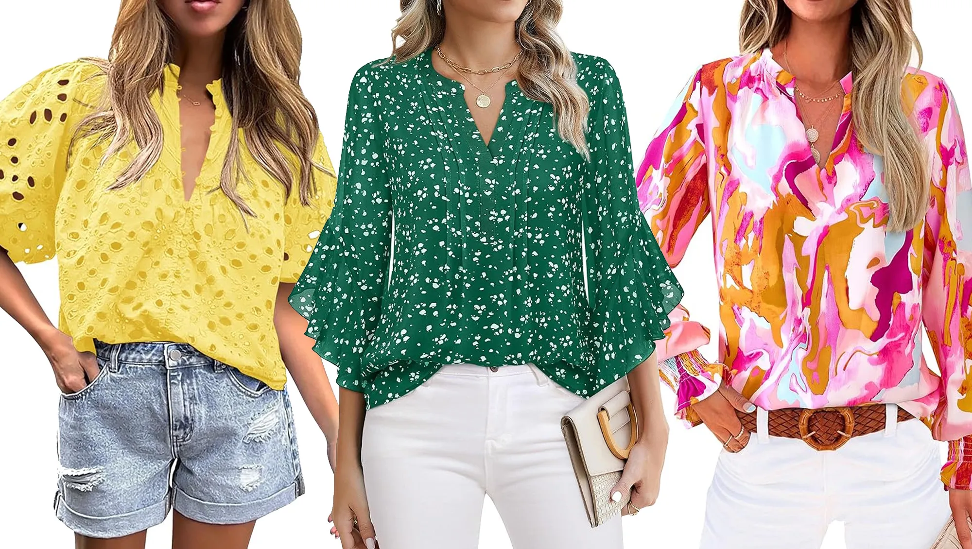yellow, green and pink blouses from Amazon