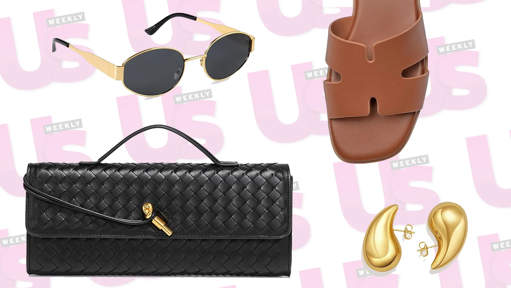 Amazon purse, sandals, sunglasses and earrings