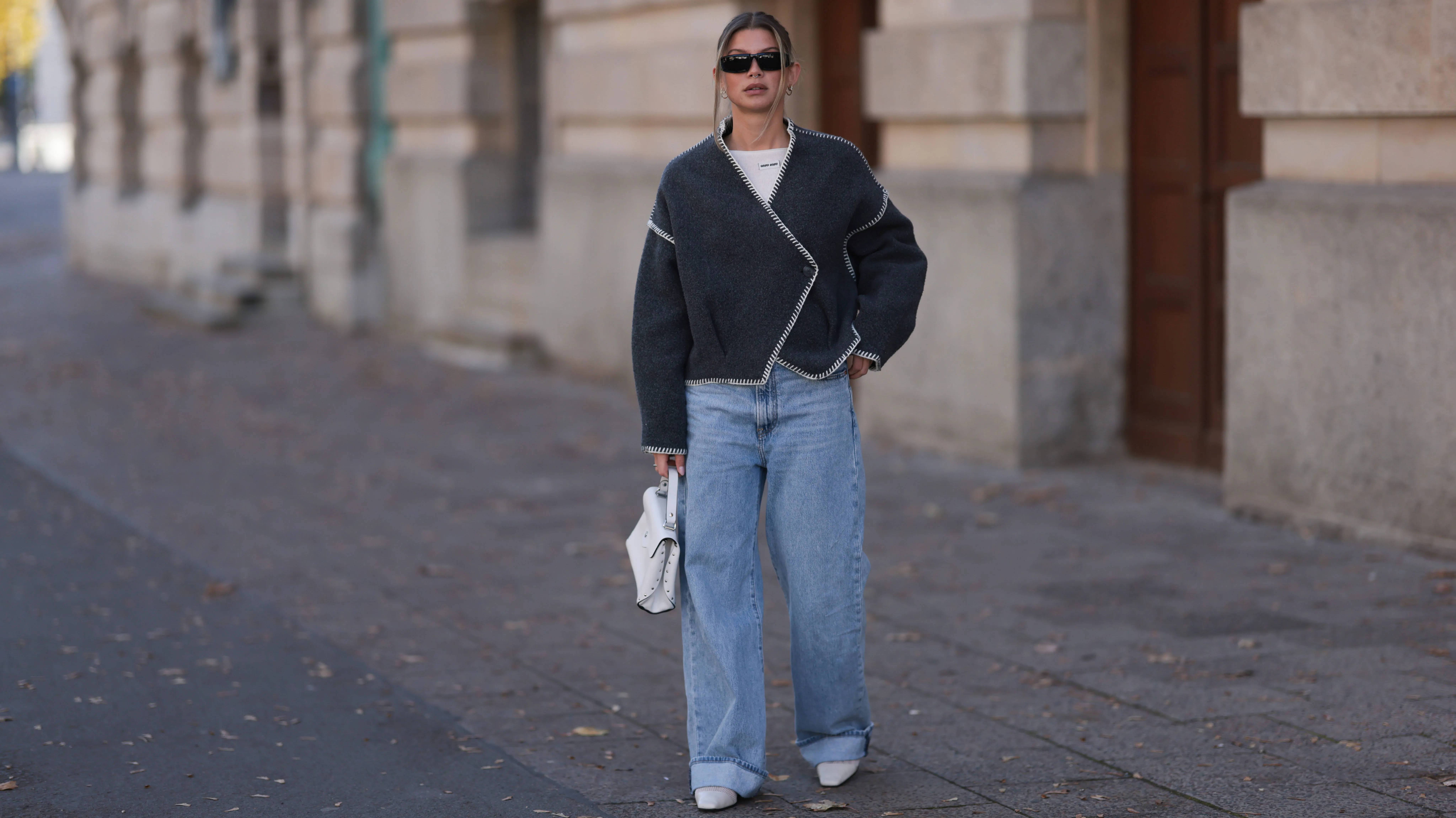 BERLIN, GERMANY - OCTOBER 15: Sophia Geiss is seen wearing rectangular black sunglasses with a wide tapered temple from Prada.