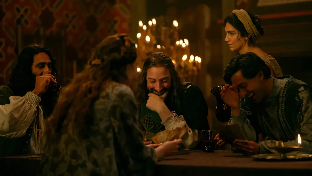 Amar Chadha-Patel as Dioneo, Tanya Reynolds as Licisca, Tony Hale as Sirisco, Leila Farzad as Stratillia and Karan Gill as Panfilo in 'The Decameron.' 