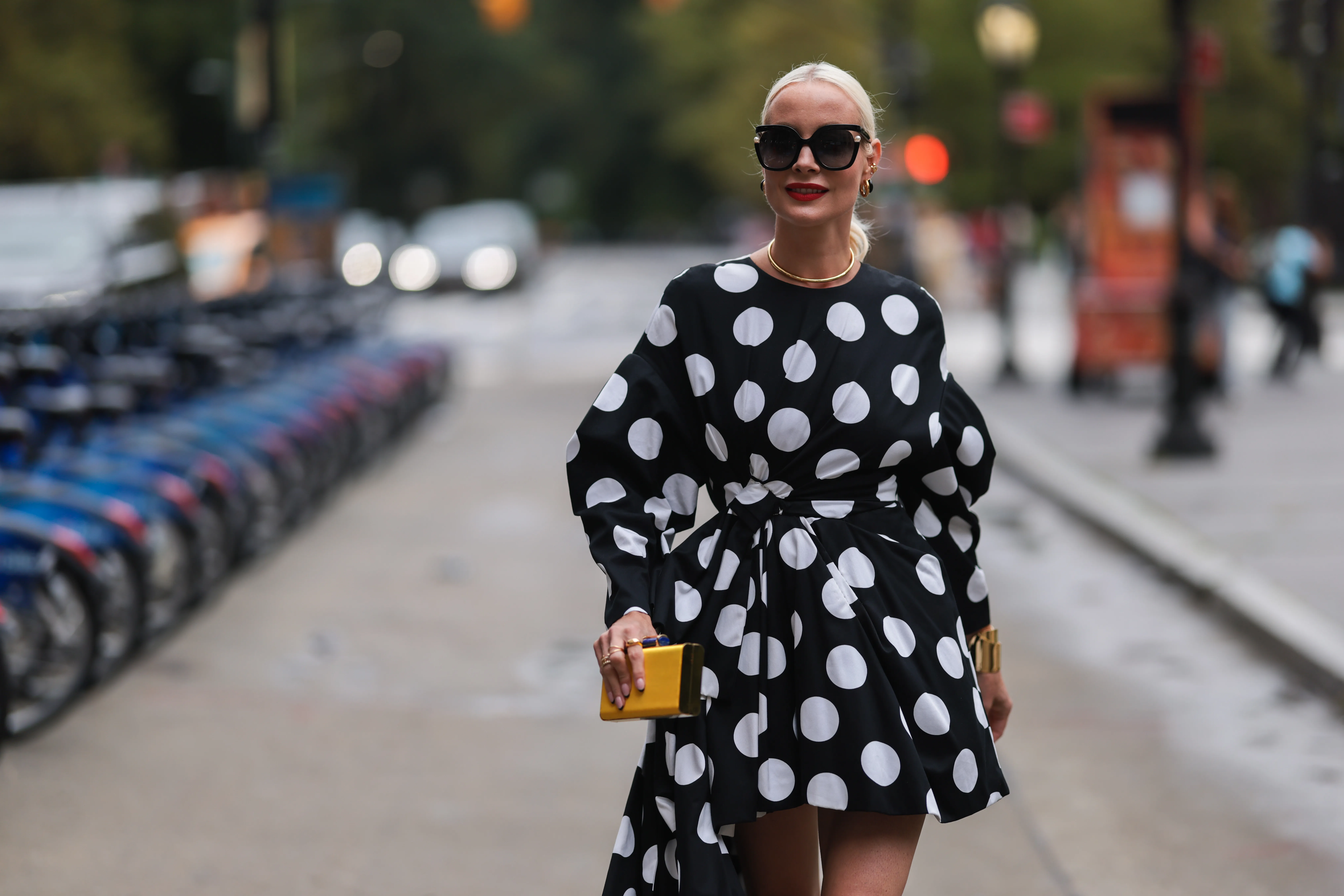 Liv Judd seen wearing a vokuhila polka dot dress, outside Carolina Herrera during new york fashion week on September 12, 2022 in New York City.