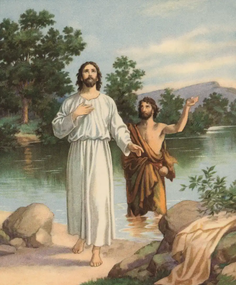 Vintage illustration of the Baptism of Christ; chromolithograph, 1929.