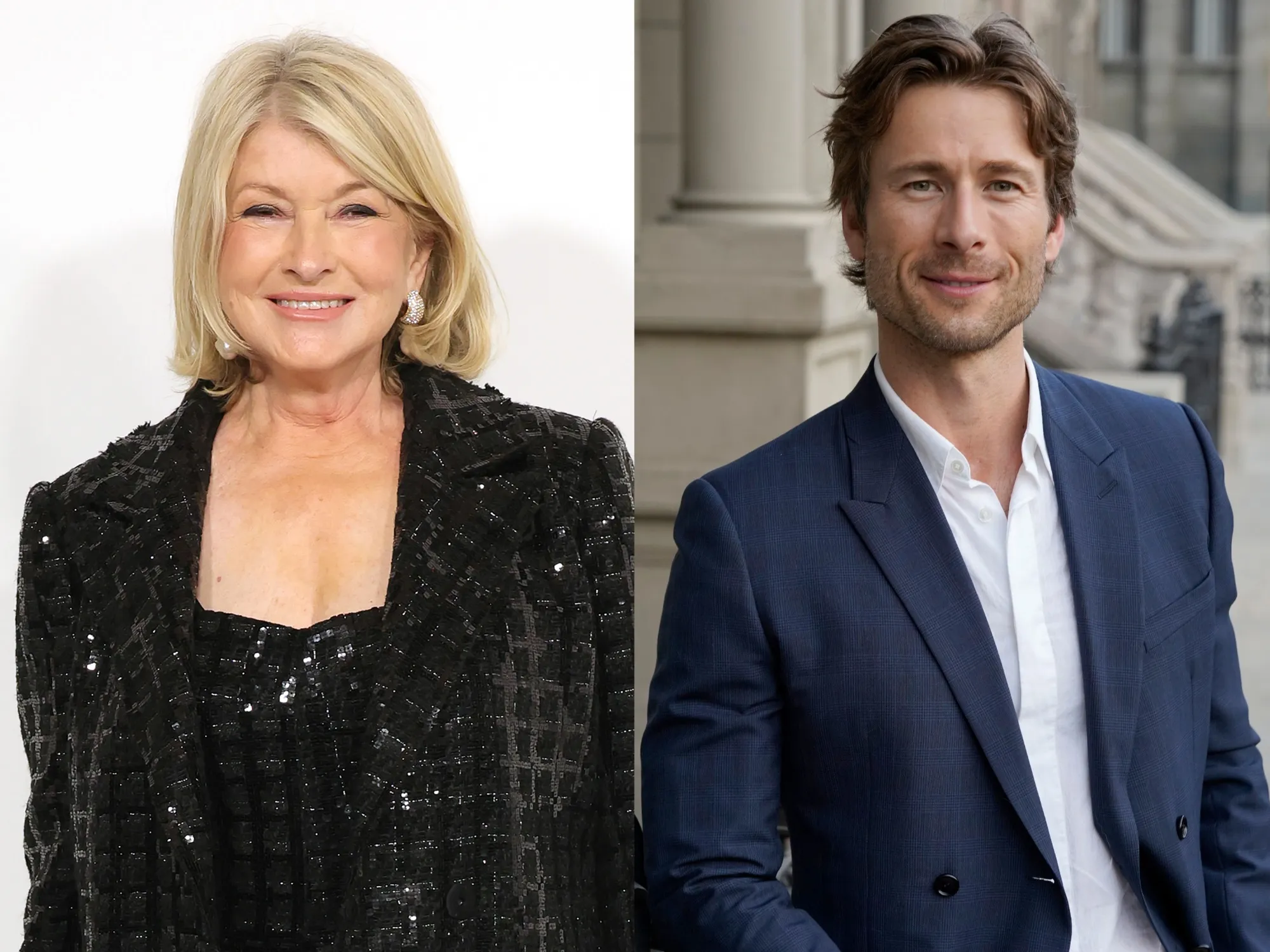 A split screen showing Martha Stewart and Glen Powell