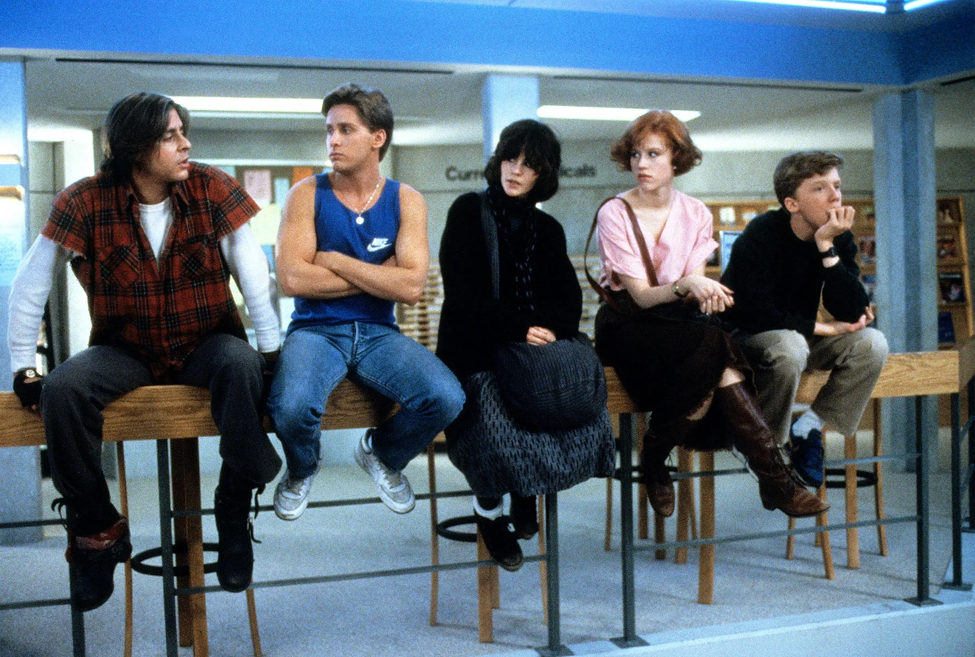 Judd Nelson, Emilio Estevez, Ally Sheedy, Molly Ringwald, Anthony Michael Hall in the Breakfast Club