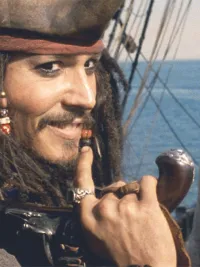 Johnny Depp and Orlando Bloom in Pirates of the Caribbean: The Curse of the Black Pearl.