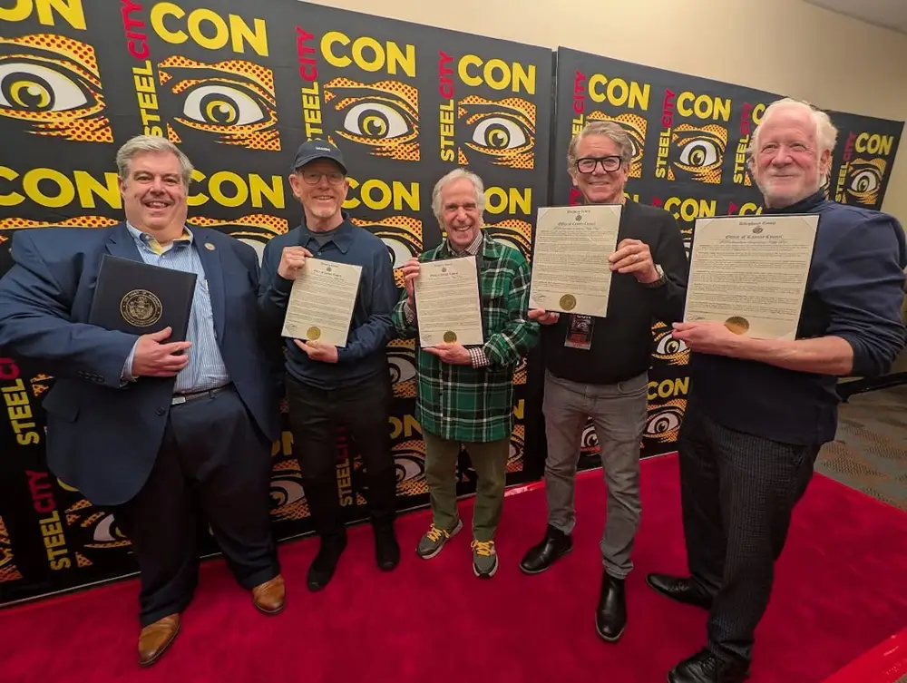 Ron Howard, Henry Winkler, Anson Williams and Don Most reunite at Steel City Comic Con as President of Allegheny County Council declares 'Happy Days Day'