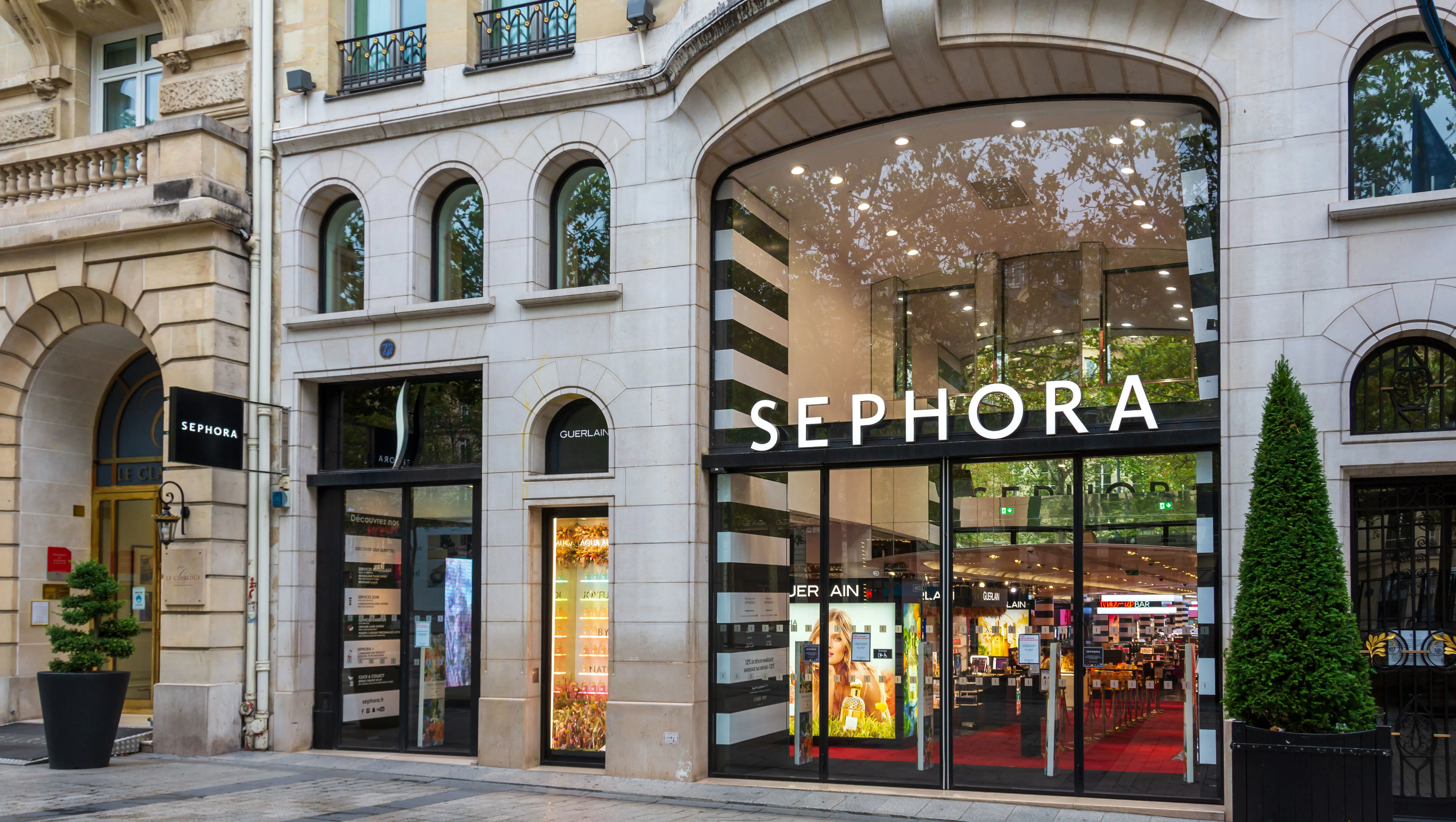 PARIS, FRANCE - AUGUST 15, 2020: Facade of the Sephora store on the avenue des Champs-Elysées. Sephora is a french multinational chain of personal care and beauty stores