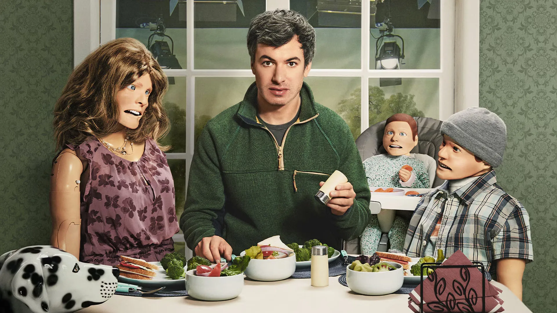 Nathan Fielder and a family of dummies in The Rehearsal.