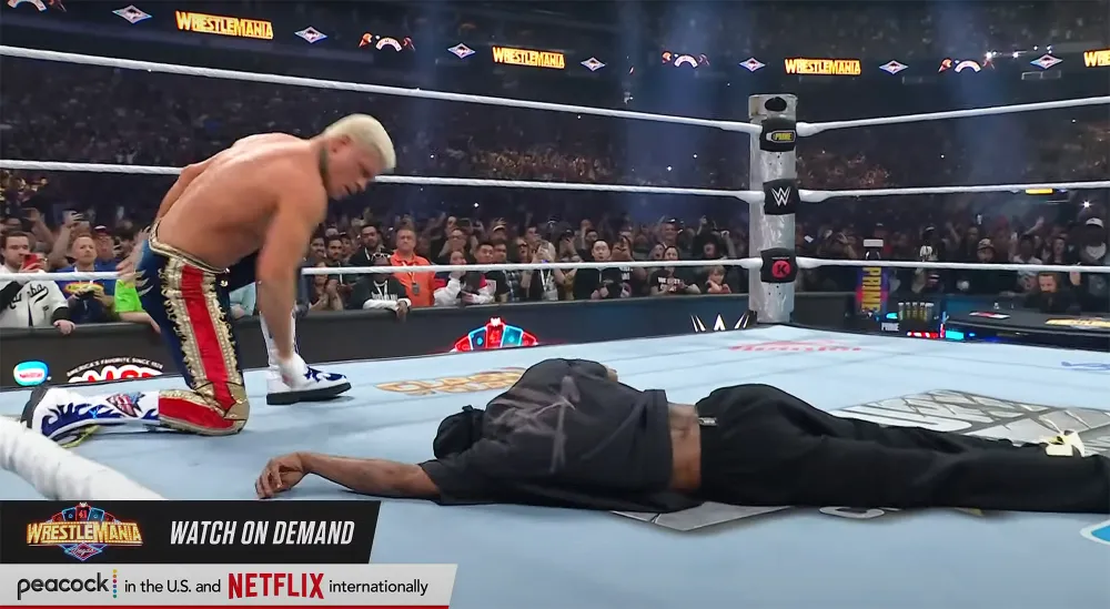 Travis Scott Gets Laid Out Cold At WrestleMania By Cody Rhodes
