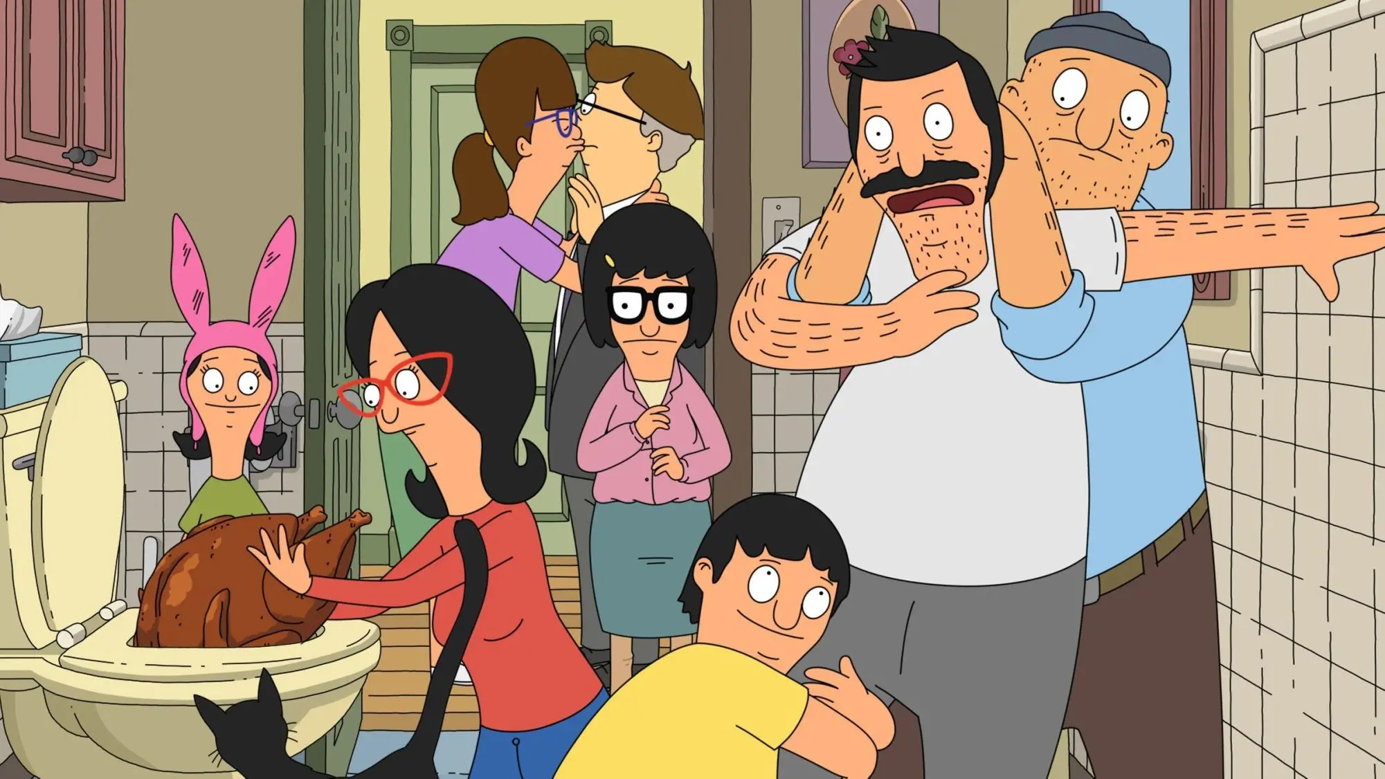 A scene from 'Bob's Burgers.' From left: Louise Belcher, Linda Belcher, Gail Belcher, Mort, Tina Belcher, Gene Belcher, Bob Belcher, and Teddy are crowded into a bathroom.