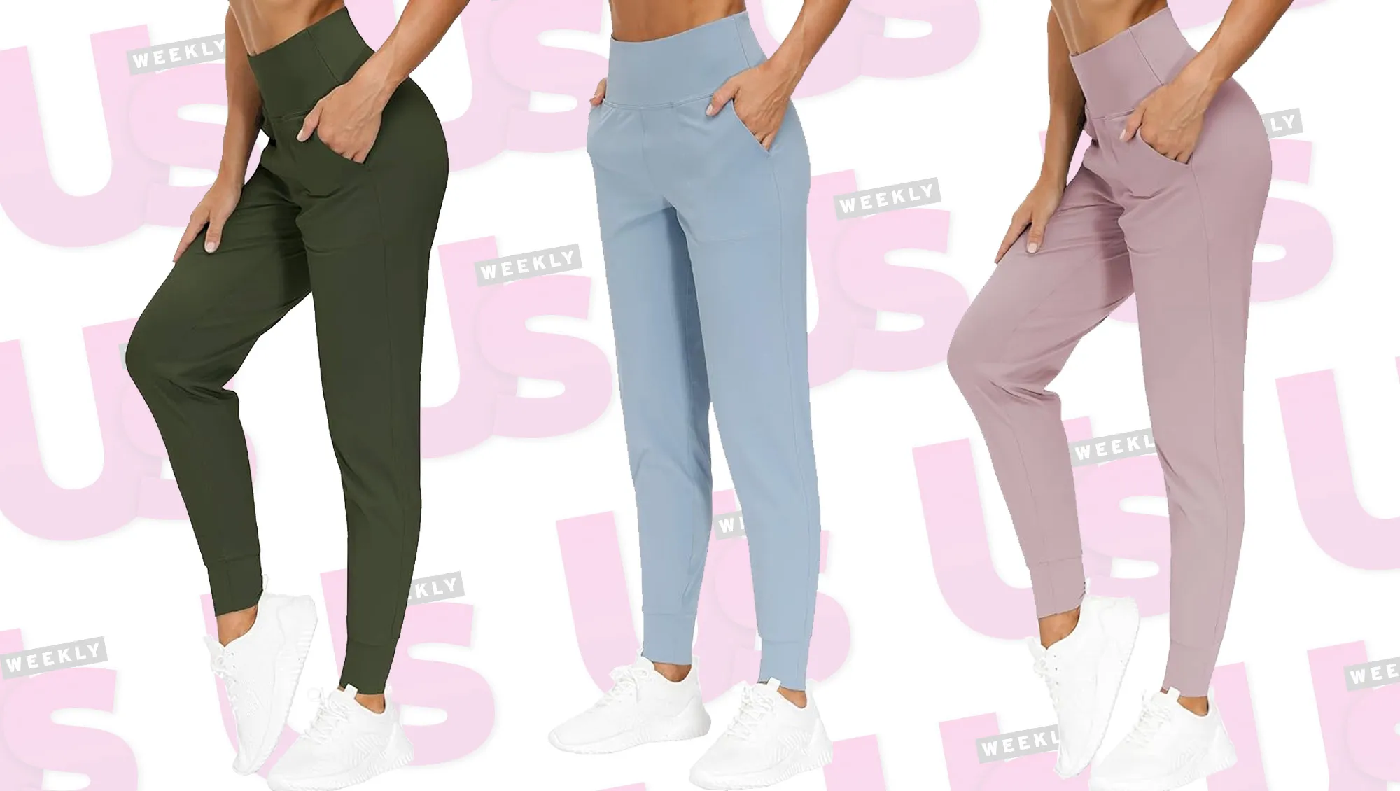 green, blue and pink joggers